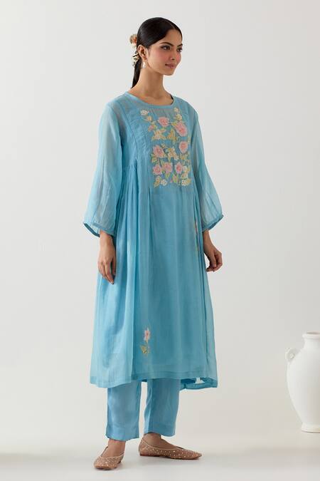 Shop Tatwa Blue Chanderi Silk Embroidery, Sequins Round Floral Patchwork Kurta And Pant Set Online at Aza Fashions Shop_Tatwa_Blue Chanderi Silk Embroidery, Sequins Round Floral Patchwork Kurta And Pant Set _Online_at_Aza_Fashions