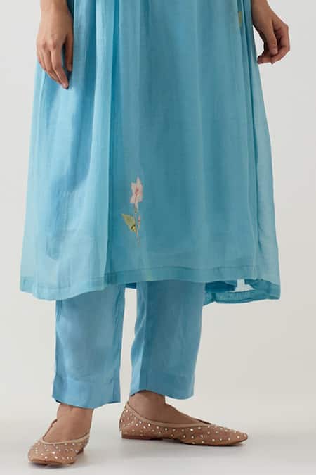 Tatwa Blue Chanderi Silk Embroidery, Sequins Round Floral Patchwork Kurta And Pant Set at Aza Fashions Tatwa_Blue Chanderi Silk Embroidery, Sequins Round Floral Patchwork Kurta And Pant Set _at_Aza_Fashions
