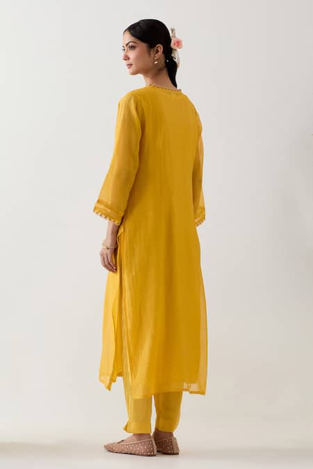 Shop Tatwa Yellow Handloom Chanderi Silk Embroidery Songbird Straight Kurta And Pant Set at Aza Fashions Shop_Tatwa_Yellow Handloom Chanderi Silk Embroidery Songbird Straight Kurta And Pant Set _at_Aza_Fashions