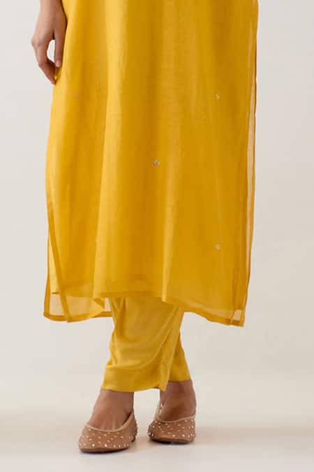 Tatwa Yellow Handloom Chanderi Silk Embroidery Songbird Straight Kurta And Pant Set Online at Aza Fashions Tatwa_Yellow Handloom Chanderi Silk Embroidery Songbird Straight Kurta And Pant Set _Online_at_Aza_Fashions