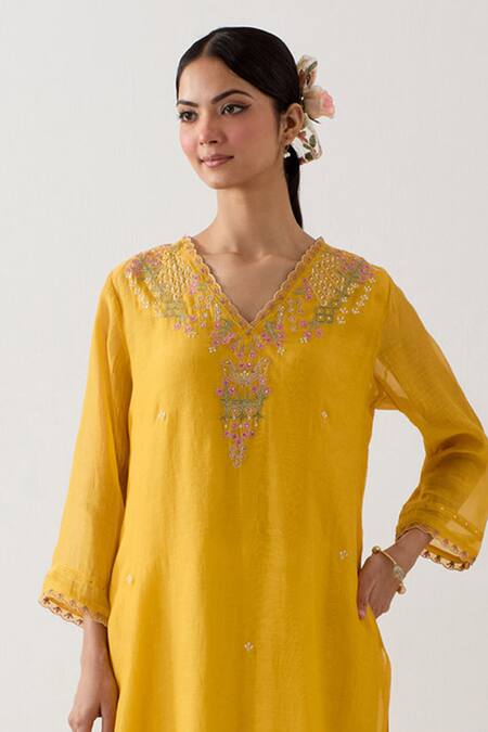 Buy Tatwa Yellow Handloom Chanderi Silk Embroidery Songbird Straight Kurta And Pant Set Online at Aza Fashions Buy_Tatwa_Yellow Handloom Chanderi Silk Embroidery Songbird Straight Kurta And Pant Set _Online_at_Aza_Fashions
