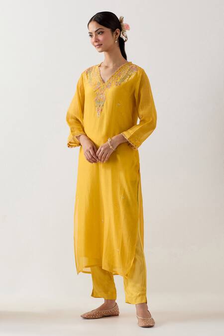Shop Tatwa Yellow Handloom Chanderi Silk Embroidery Songbird Straight Kurta And Pant Set Online at Aza Fashions Shop_Tatwa_Yellow Handloom Chanderi Silk Embroidery Songbird Straight Kurta And Pant Set _Online_at_Aza_Fashions