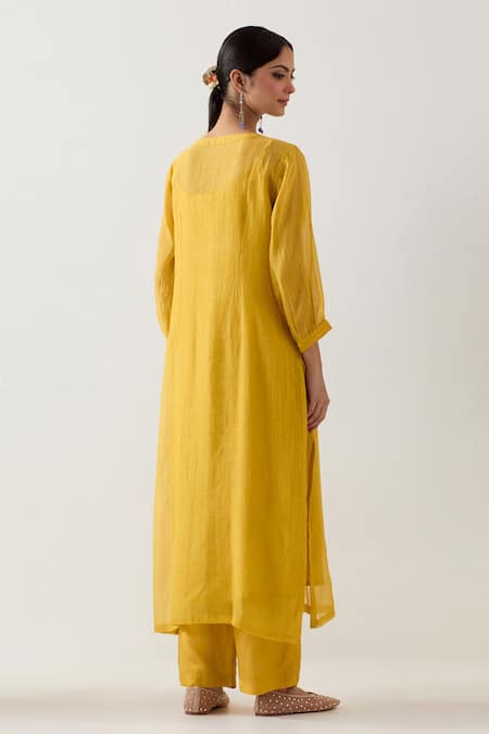 Shop Tatwa Yellow Handloom Chanderi Silk Embroidery Vineyard Resham Kurta And Pant Set at Aza Fashions Shop_Tatwa_Yellow Handloom Chanderi Silk Embroidery Vineyard Resham Kurta And Pant Set _at_Aza_Fashions