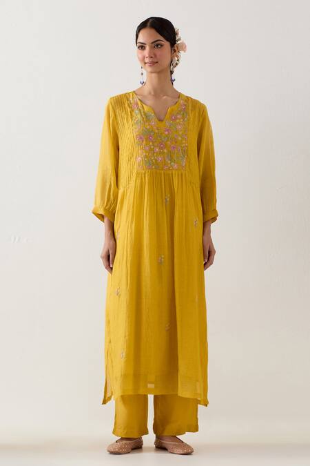 Tatwa Yellow Handloom Chanderi Silk Embroidery Vineyard Resham Kurta And Pant Set Online at Aza Fashions Tatwa_Yellow Handloom Chanderi Silk Embroidery Vineyard Resham Kurta And Pant Set _Online_at_Aza_Fashions