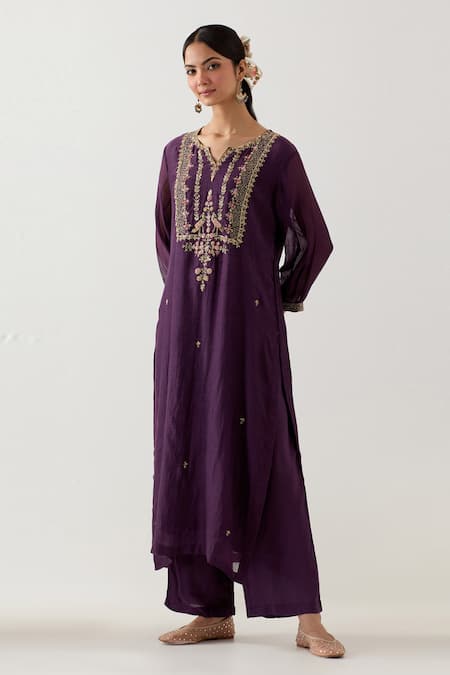 TATWA Purple Silk Organza Embroidered Sequins Stardust Zardosi Yoke Kurta With Pant 