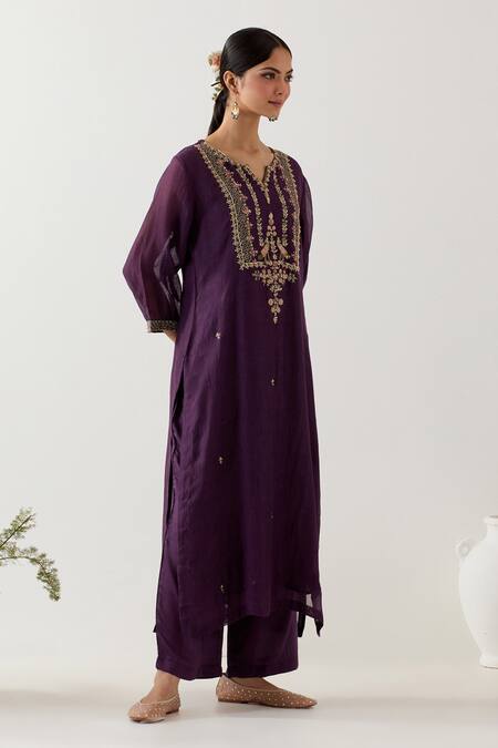 Shop Tatwa Purple Silk Organza Embroidered Sequins Stardust Zardosi Yoke Kurta With Pant Online at Aza Fashions Shop_Tatwa_Purple Silk Organza Embroidered Sequins Stardust Zardosi Yoke Kurta With Pant _Online_at_Aza_Fashions