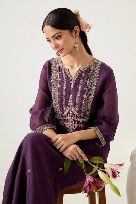 Tatwa Purple Silk Organza Embroidered Sequins Stardust Zardosi Yoke Kurta With Pant at Aza Fashions Tatwa_Purple Silk Organza Embroidered Sequins Stardust Zardosi Yoke Kurta With Pant _at_Aza_Fashions