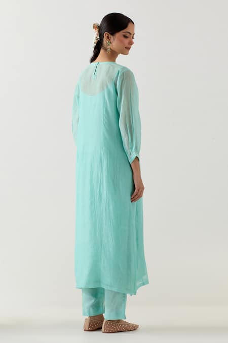 Shop_Tatwa_Blue Silk Organza Embroidery Resham Round Floral Kurta And Pant Set _at_Aza_Fashions