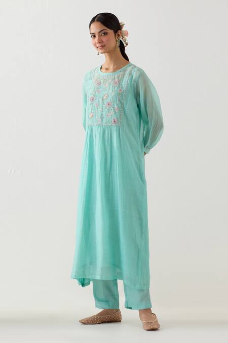 Tatwa_Blue Silk Organza Embroidery Resham Round Floral Kurta And Pant Set _Online_at_Aza_Fashions