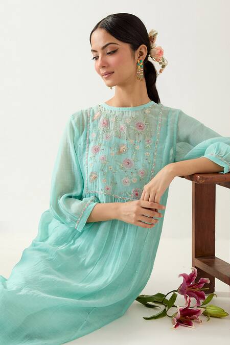 Tatwa_Blue Silk Organza Embroidery Resham Round Floral Kurta And Pant Set _at_Aza_Fashions