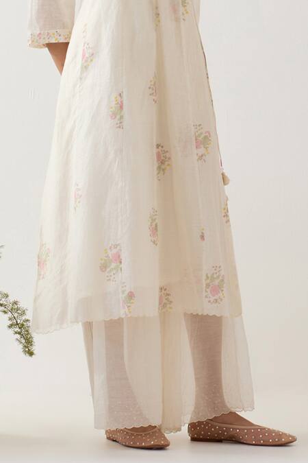 Tatwa White Handloom Chanderi Silk Print Floral Round Block Angarkha And Pant Set at Aza Fashions Tatwa_White Handloom Chanderi Silk Print Floral Round Block Angarkha And Pant Set _at_Aza_Fashions