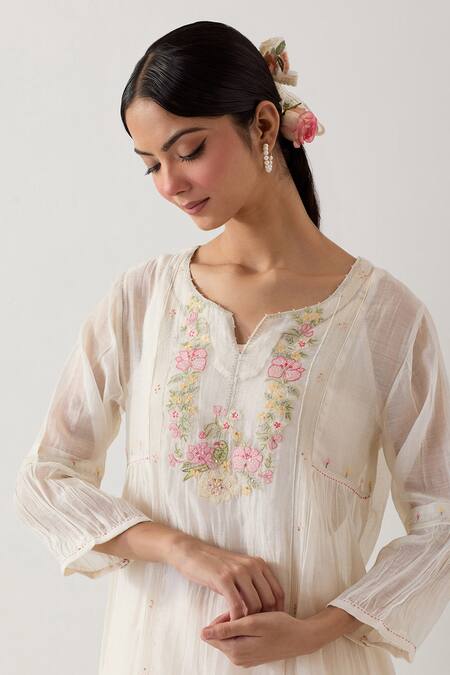 Tatwa_White Chanderi Silk, Handloom Cotton Embroidery Parrot Kantha Kurta And Pant Set _Online_at_Aza_Fashions