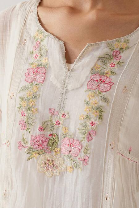 Buy_Tatwa_White Chanderi Silk, Handloom Cotton Embroidery Parrot Kantha Kurta And Pant Set _Online_at_Aza_Fashions