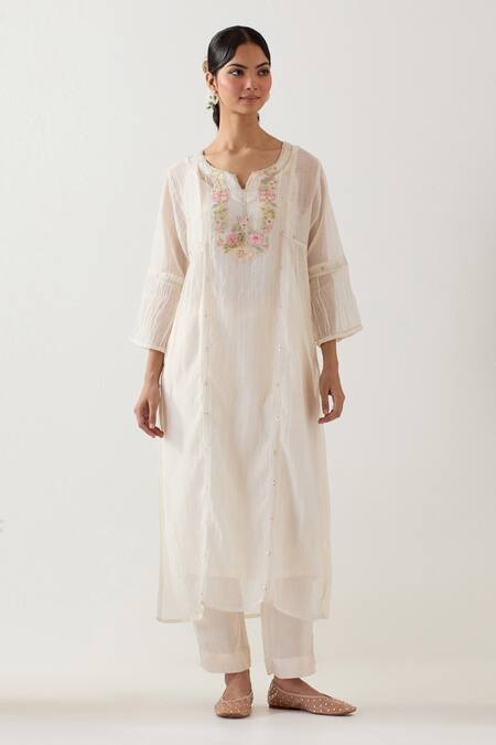 Shop_Tatwa_White Chanderi Silk, Handloom Cotton Embroidery Parrot Kantha Kurta And Pant Set _Online_at_Aza_Fashions