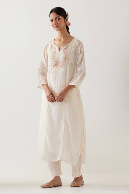 Buy_Tatwa_White Chanderi Silk, Handloom Cotton Embroidery Parrot Kantha Kurta And Pant Set 