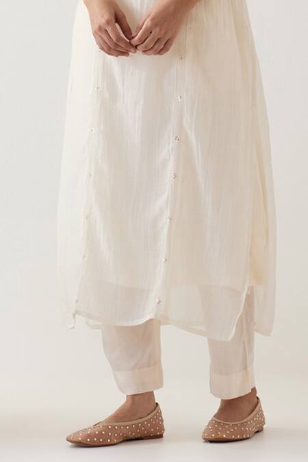 Shop_Tatwa_White Chanderi Silk, Handloom Cotton Embroidery Parrot Kantha Kurta And Pant Set 