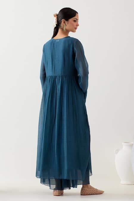 Shop_Tatwa_Blue Silk, Muslin, Embroidery V-neck Midnight Anarkali Set _at_Aza_Fashions