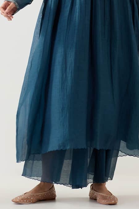 Tatwa_Blue Silk, Muslin, Embroidery V-neck Midnight Anarkali Set _Online_at_Aza_Fashions