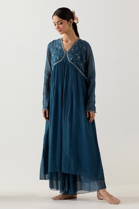 Buy_Tatwa_Blue Silk, Muslin, Embroidery V-neck Midnight Anarkali Set _Online_at_Aza_Fashions