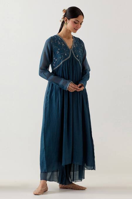 Shop_Tatwa_Blue Silk, Muslin, Embroidery V-neck Midnight Anarkali Set _Online_at_Aza_Fashions