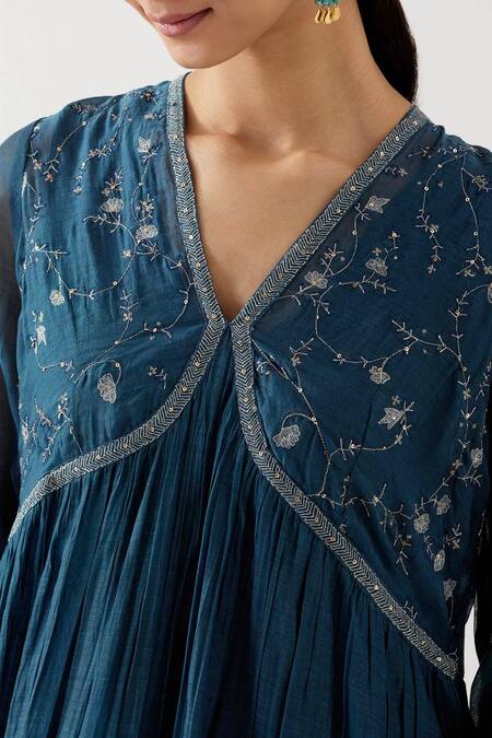 Tatwa_Blue Silk, Muslin, Embroidery V-neck Midnight Anarkali Set _at_Aza_Fashions