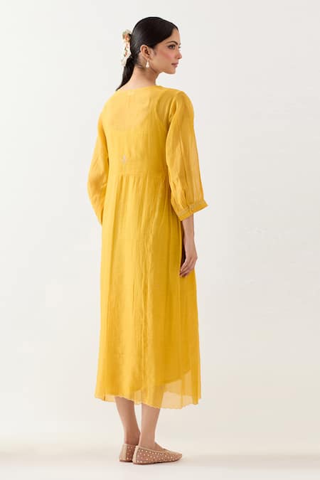 Shop_TATWA_Yellow Handloom Chanderi Silk Embroidered Applique Round Floral Kurta Set _at_Aza_Fashions