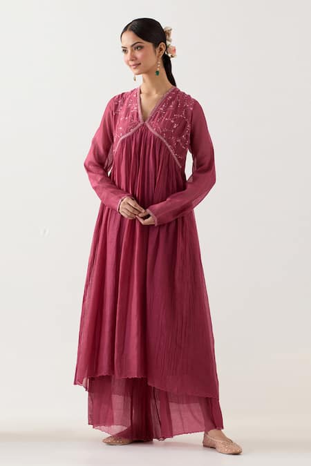 TATWA Pink Silk Organza Embroidered Resham V-neck Midnight Anarkali Sharara Set 