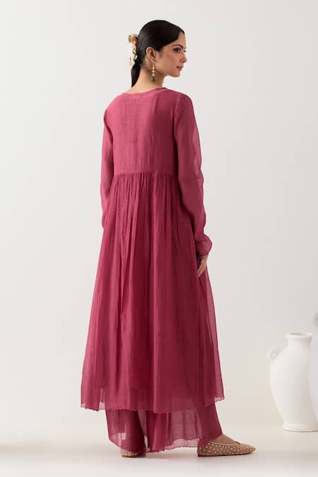 Shop Tatwa Pink Organza, Muslin, Embroidery V-neck Midnight Anarkali Sharara Set at Aza Fashions Shop_Tatwa_Pink Organza, Muslin, Embroidery V-neck Midnight Anarkali Sharara Set _at_Aza_Fashions