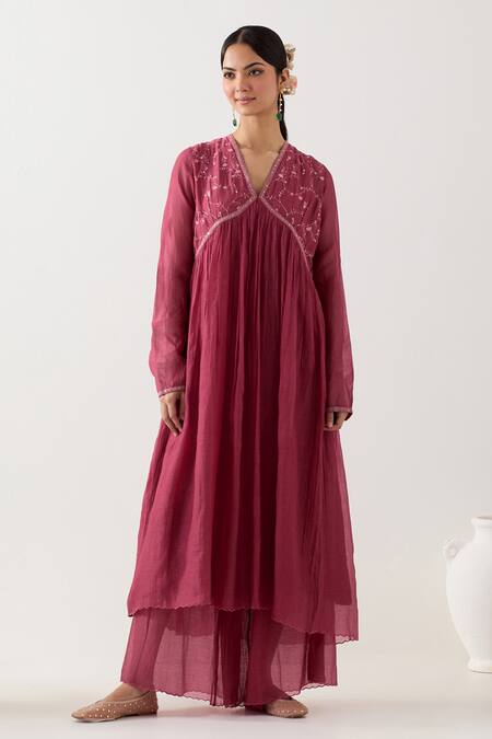 Tatwa Pink Organza, Muslin, Embroidery V-neck Midnight Anarkali Sharara Set Online at Aza Fashions Tatwa_Pink Organza, Muslin, Embroidery V-neck Midnight Anarkali Sharara Set _Online_at_Aza_Fashions