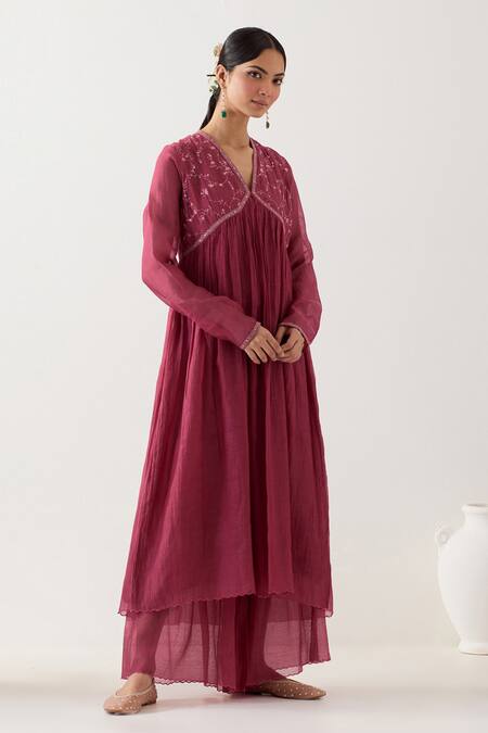 Tatwa Pink Organza, Muslin, Embroidery V-neck Midnight Anarkali Sharara Set at Aza Fashions Tatwa_Pink Organza, Muslin, Embroidery V-neck Midnight Anarkali Sharara Set _at_Aza_Fashions