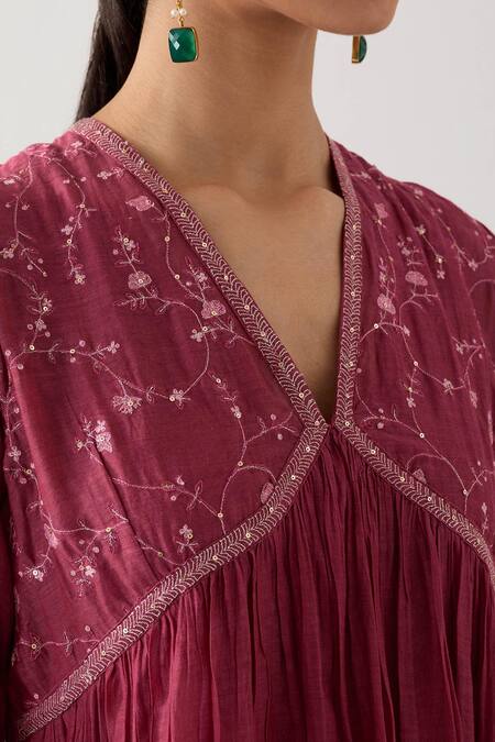 Buy Tatwa Pink Organza, Muslin, Embroidery V-neck Midnight Anarkali Sharara Set Buy_Tatwa_Pink Organza, Muslin, Embroidery V-neck Midnight Anarkali Sharara Set