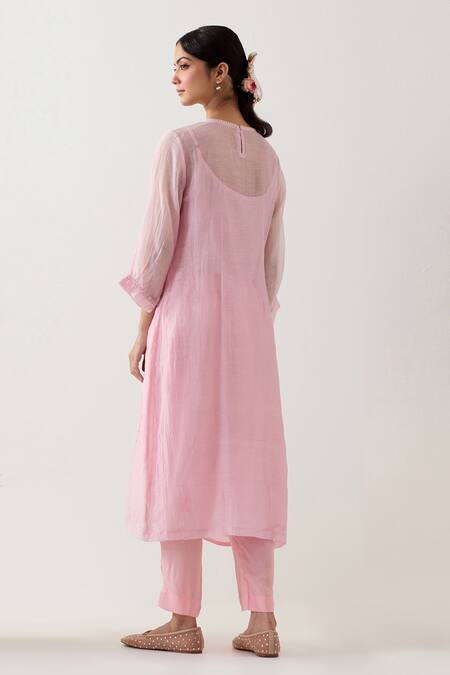 Shop_TATWA_Pink Handloom Cotton, Muslin, Chanderi Silk Embroidery Round Ariel Kurta Set _at_Aza_Fashions