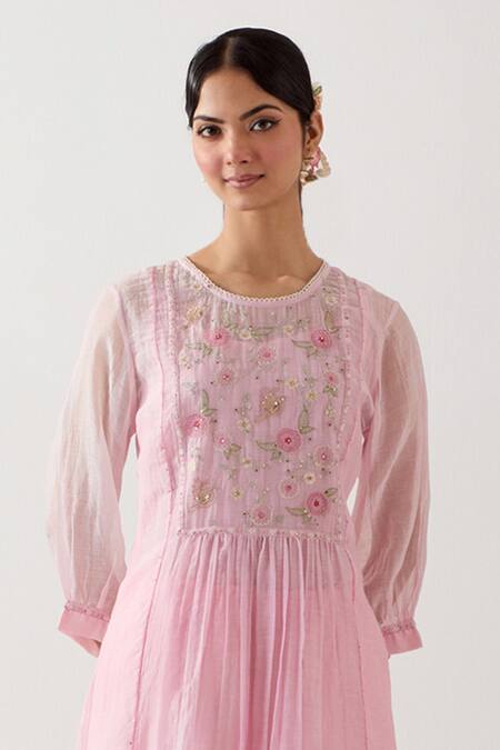 TATWA_Pink Handloom Cotton, Muslin, Chanderi Silk Embroidery Round Ariel Kurta Set _Online_at_Aza_Fashions