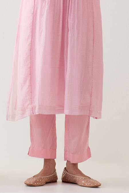 Buy_TATWA_Pink Handloom Cotton, Muslin, Chanderi Silk Embroidery Round Ariel Kurta Set _Online_at_Aza_Fashions