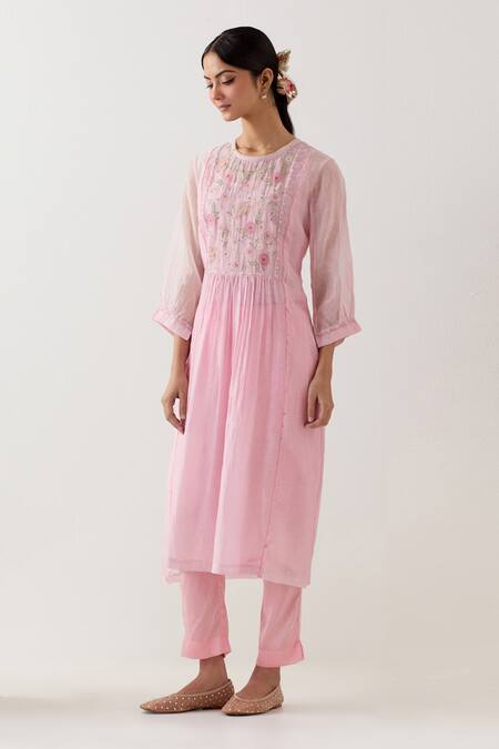 Shop_TATWA_Pink Handloom Cotton, Muslin, Chanderi Silk Embroidery Round Ariel Kurta Set _Online_at_Aza_Fashions