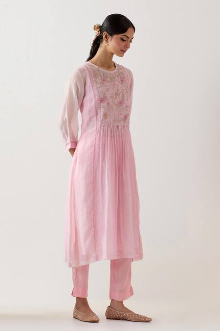TATWA_Pink Handloom Cotton, Muslin, Chanderi Silk Embroidery Round Ariel Kurta Set _at_Aza_Fashions
