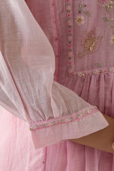 Buy_TATWA_Pink Handloom Cotton, Muslin, Chanderi Silk Embroidery Round Ariel Kurta Set 