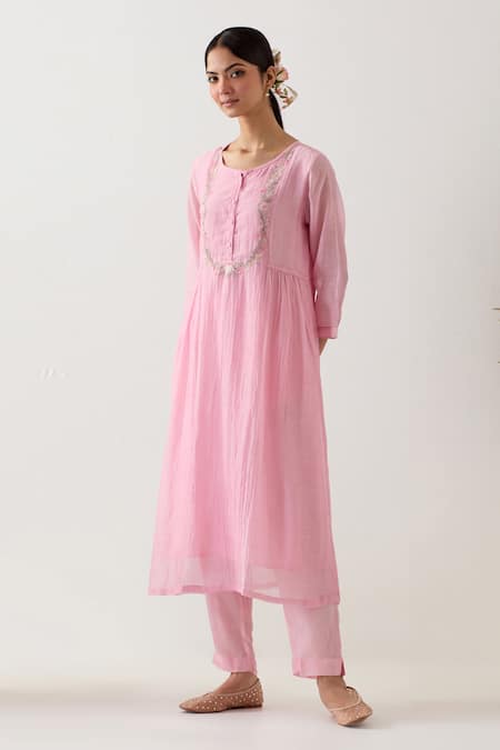 Buy_Tatwa_Pink Handloom Cotton, Muslin Embroidery Round Neck Gathered Camellia Kurta Set _Online_at_Aza_Fashions