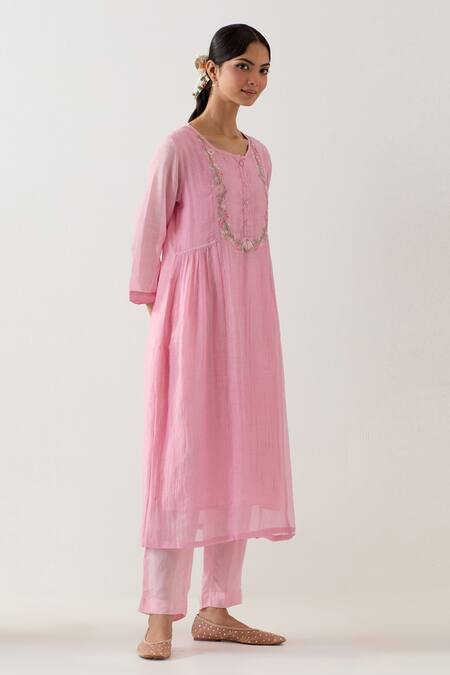 Shop_Tatwa_Pink Handloom Cotton, Muslin Embroidery Round Neck Gathered Camellia Kurta Set _Online_at_Aza_Fashions