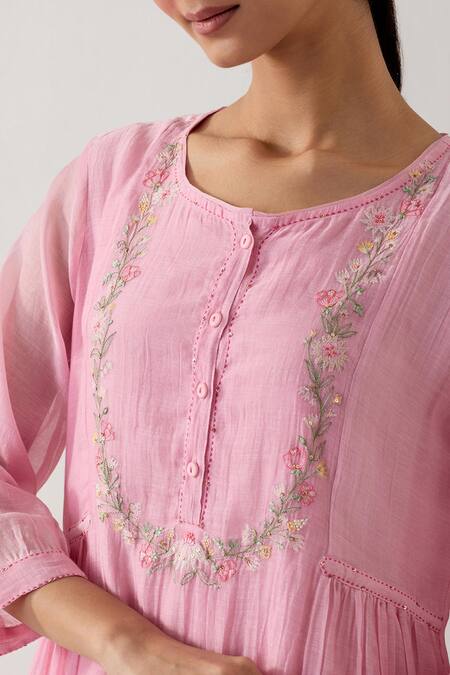 Tatwa_Pink Handloom Cotton, Muslin Embroidery Round Neck Gathered Camellia Kurta Set _at_Aza_Fashions