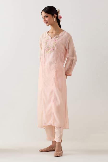 TATWA_Pink Handloom Cotton, Muslin Embroidery Split Parrot And Peonies Kurta Set _Online_at_Aza_Fashions