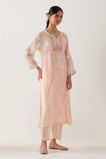 Buy_TATWA_Pink Handloom Cotton, Muslin Embroidery Split Parrot And Peonies Kurta Set _Online_at_Aza_Fashions