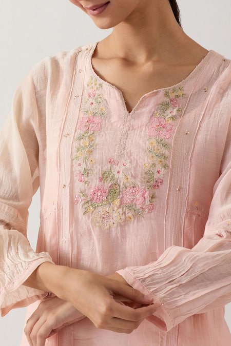 Shop_TATWA_Pink Handloom Cotton, Muslin Embroidery Split Parrot And Peonies Kurta Set _Online_at_Aza_Fashions