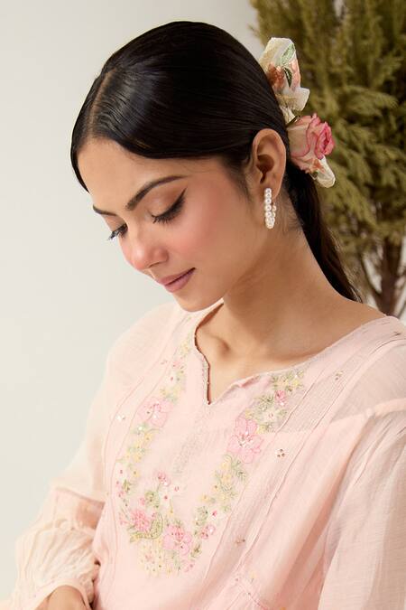 TATWA_Pink Handloom Cotton, Muslin Embroidery Split Parrot And Peonies Kurta Set _at_Aza_Fashions