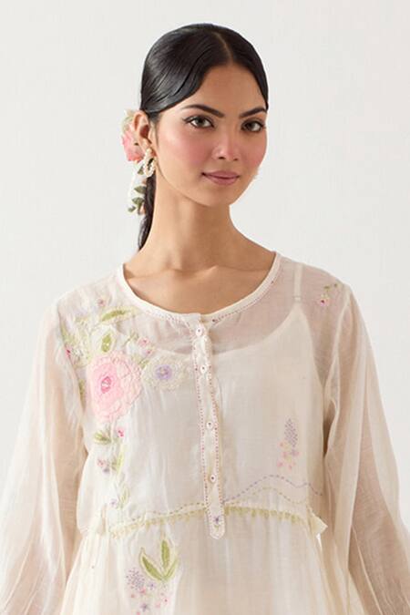Buy_TATWA_White Handloom Chanderi Silk Embroidered Resham Round Floral Appliqued Kurta 