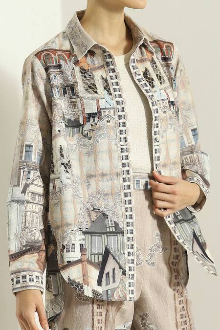 RANNA GILL_Beige Linen Open Neck Blend Notched Collar Jacket_Online_at_Aza_Fashions