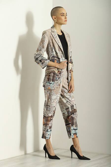 Buy_RANNA GILL_Beige Linen Open Neck Blend Notched Collar Jacket_Online_at_Aza_Fashions