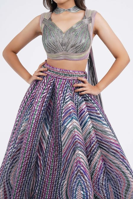 Buy_Amit Aggarwal_Multi Color Silk, Georgette, Polyester Cut Work Metallic Structured Lehenga Set 