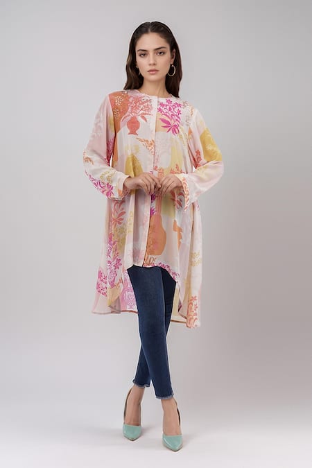 Buy_Pankaj & Nidhi_Multi Color Embroidery Round Neck Floral Print Shirt Tunic _Online_at_Aza_Fashions
