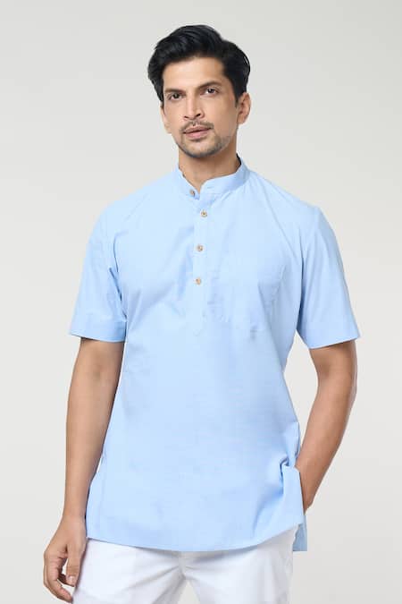 Shop_Rng Safawala_Blue Cotton Plain Kurta Set _Online_at_Aza_Fashions